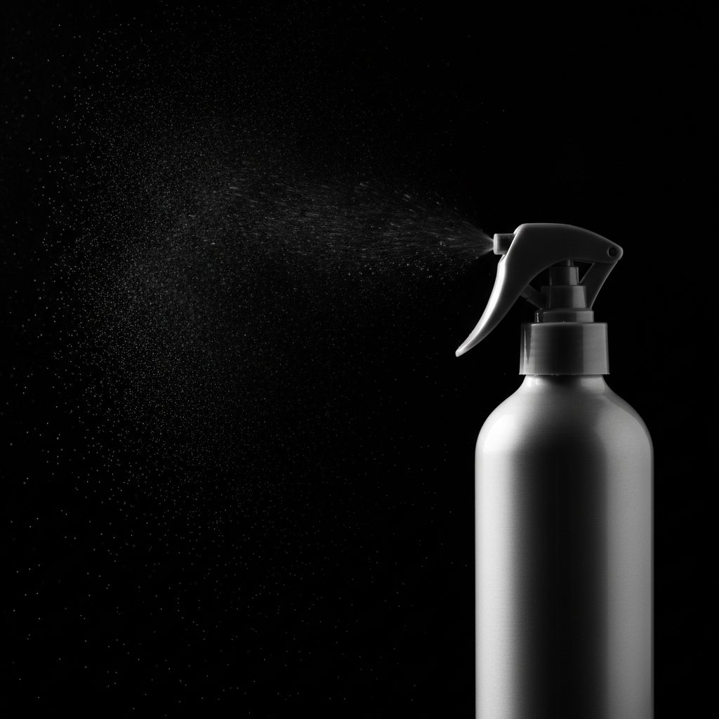 Gunmetal spray bottle releasing a fine texture mist